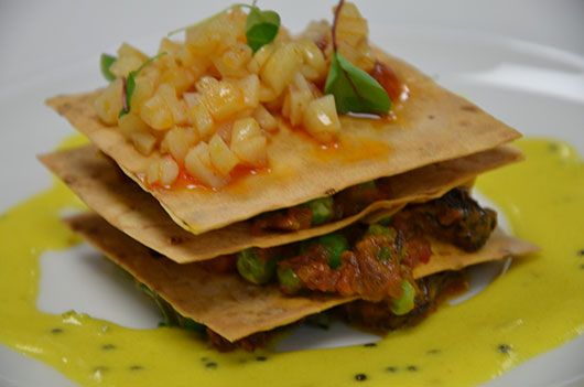 Masala greem pea and missi mille feuille