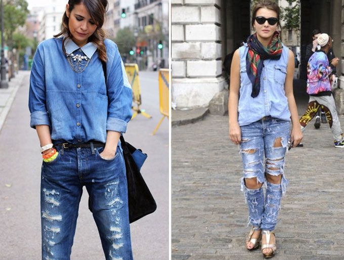 Pairing ripped up jeans like these with clean cut denim shirts or even jacket's is another way of rocking the denim on denim look (Source: blog.themodelstage.com & fashionglobalblog.com)