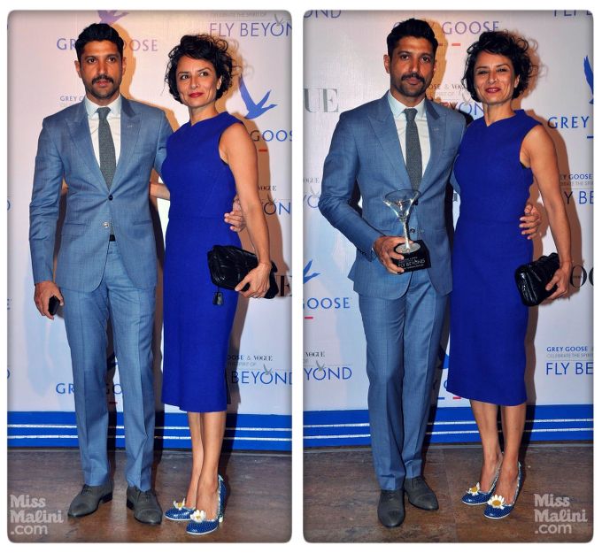 Farhan Akhtar in Govinda Mehta and Adhuna Akhtar in Victoria Beckham at the Grey Goose and Vogue Fly Beyond Awards