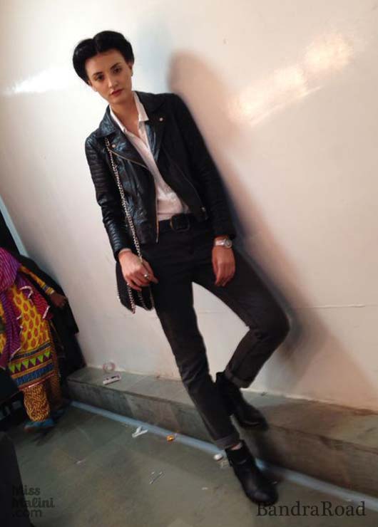 BandraRoad Girl, Mariia strikes a pose backstage in her androgynous biker look.