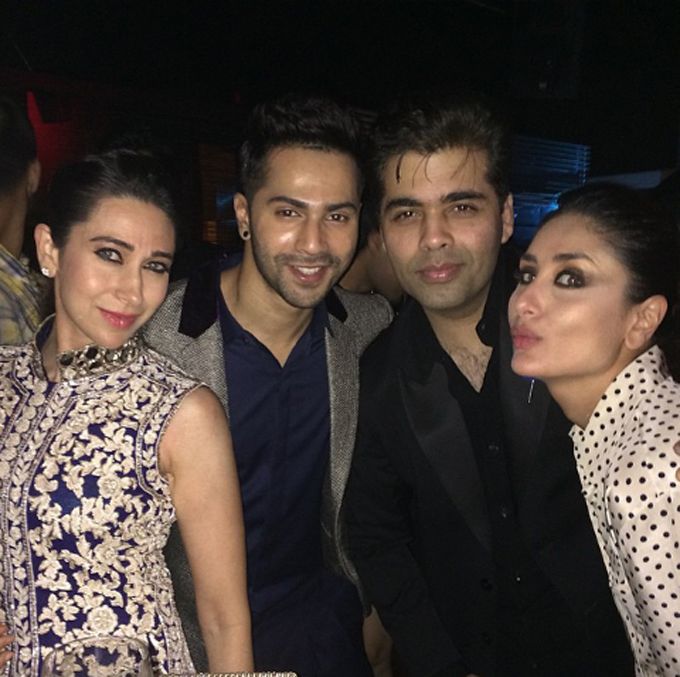 Kareena and Karisma Kapoor with Varun Dhawan and Karan Johar (Source: Instagram @therealkarismakapoor)
