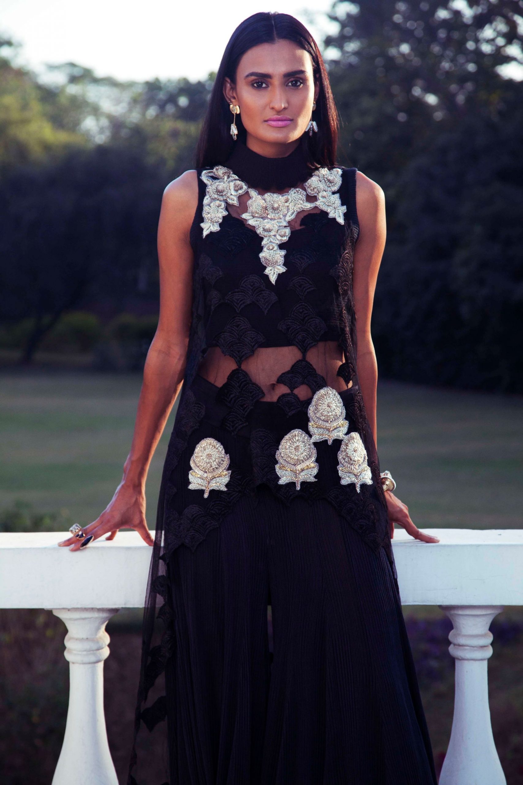Sharara Dress by Kavita Bhartia | Earrings by Eesha Zaveri