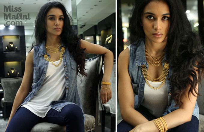 On model: 22k gold necklaces and bangles by Gehna