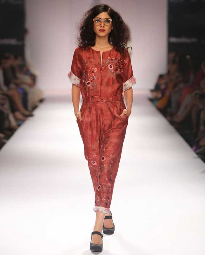 PRATIMA PANDEY Floral Embroidered Rust Red Jumpsuit