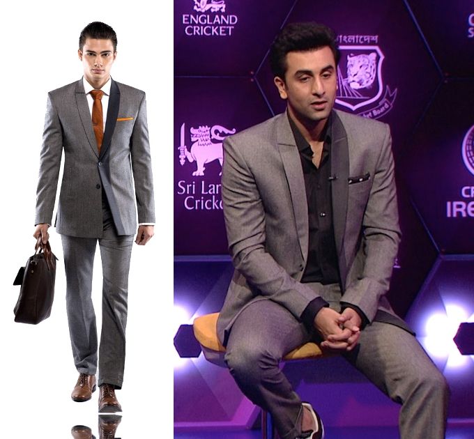 Ranbir Kapoor in SS HOMME at the trailer launch of Bombay Velvet at Star Sports studio (Photo courtesy | SS HOMME/Star Sports)