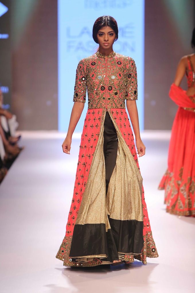 Arpita Mehta LFW AW15 Off The Runway on Exclusively.com (Gold, Peach and Black Anarkali Jacket, Kurta and Palazzon Pants With Sundhuri Mirror Work)