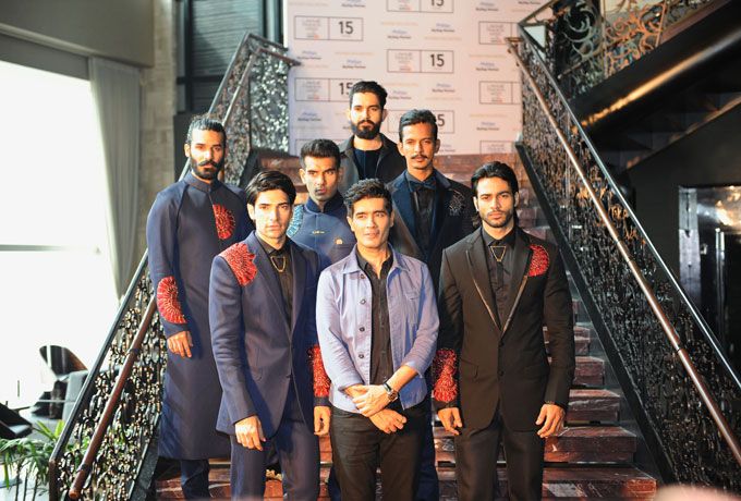 Designer Manish Malhotra with models at the preview of his collection 'The Gentlemen's Club' at Lakme Fashion Week winter/festive 2015