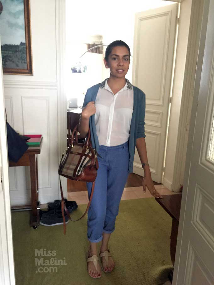 Devanshi Kapadia in a H&M cardigan, Vero Moda top, GAP trousers, Burberry bag, and Aldo sandals