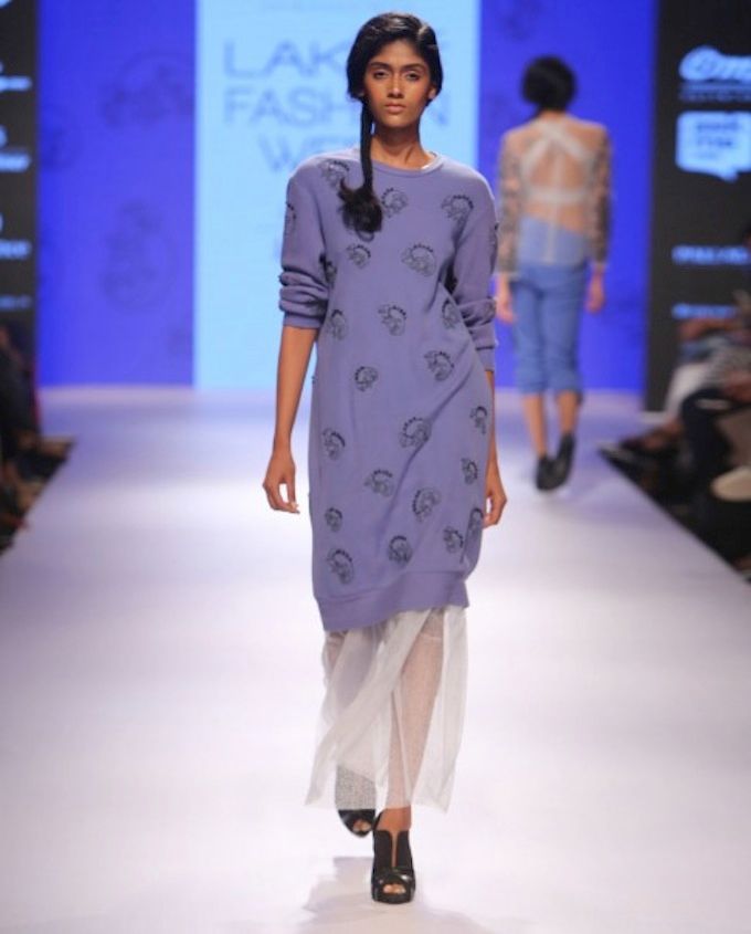 Ilk by Shikha and Vinita LFW AW15 Off The Runway on Exclusively.com (Powder Blue Sweater Dress and Mesh Skirt)
