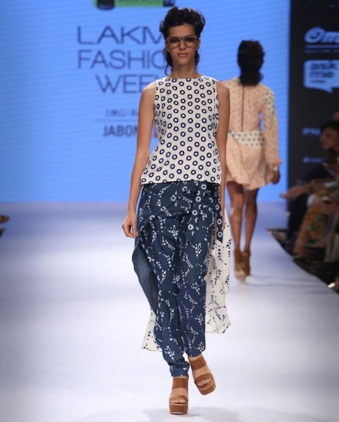 Jodi LFW AW15 Off The Runway on Exclusively.com (Denim Wrap Trousers and Printed High Low Top)