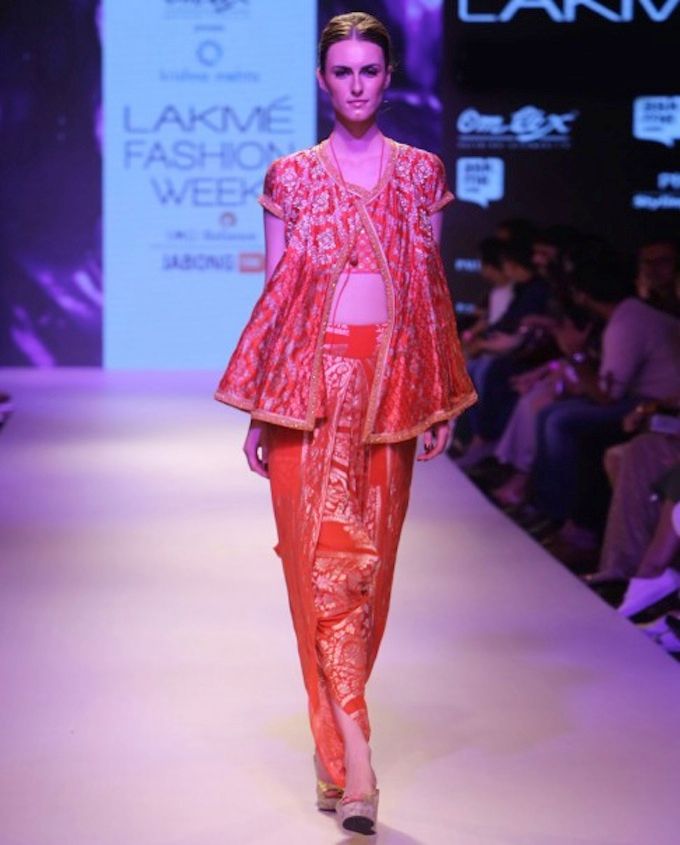 Krishna Mehta LFW AW15 Off The Runway on Exclusively.com (Crimson Red Woven Dhoti and Kurta)