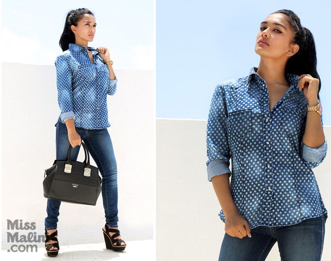 Nityaami in a printed denim shrt and curvy legging from GUESS' winter 2015 collection