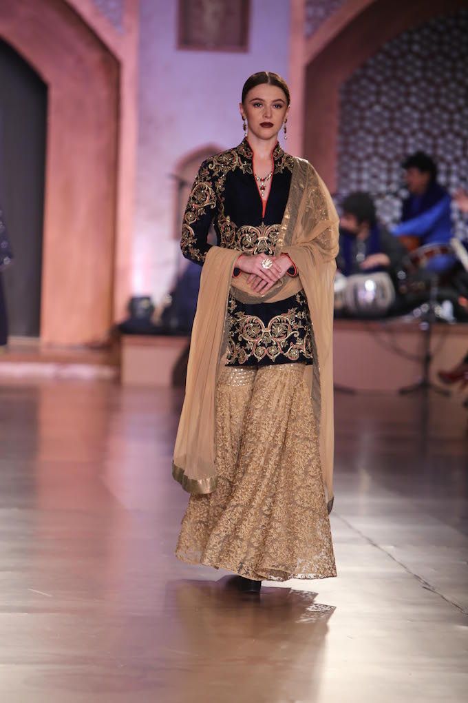 Reynu Tandon Couture 2015 Collection - Embellished midnight blue and beige sharara suit