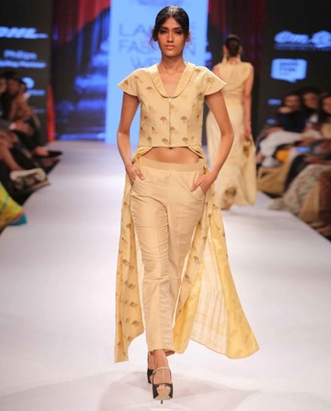 Shruti Sancheti LFW AW15 Off The Runway on Exclusively.com (Brocade JAcket and Cigarette Pants)