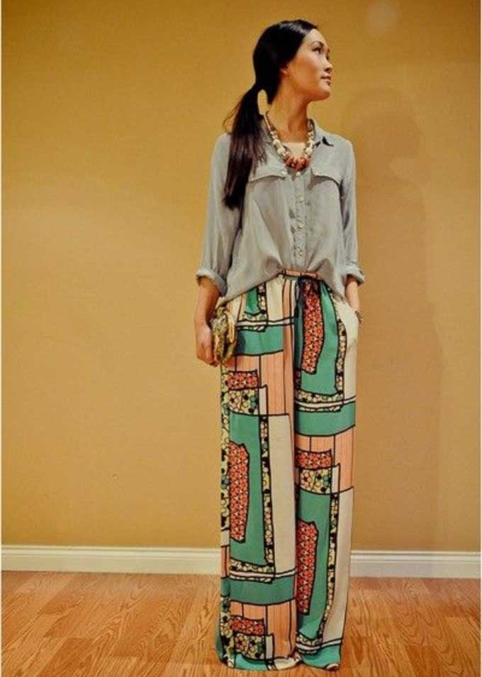 Printed palazzo's really make a statement. A simple chambray shirt with these pants is all you need. Pic: a-plus-am.blogspot.com