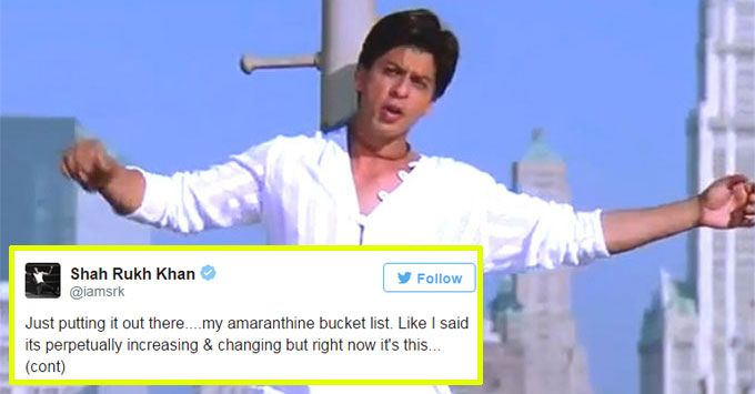 Shah Rukh Khan Just Revealed His Entire Bucket List On Twitter & It’s Amazing!