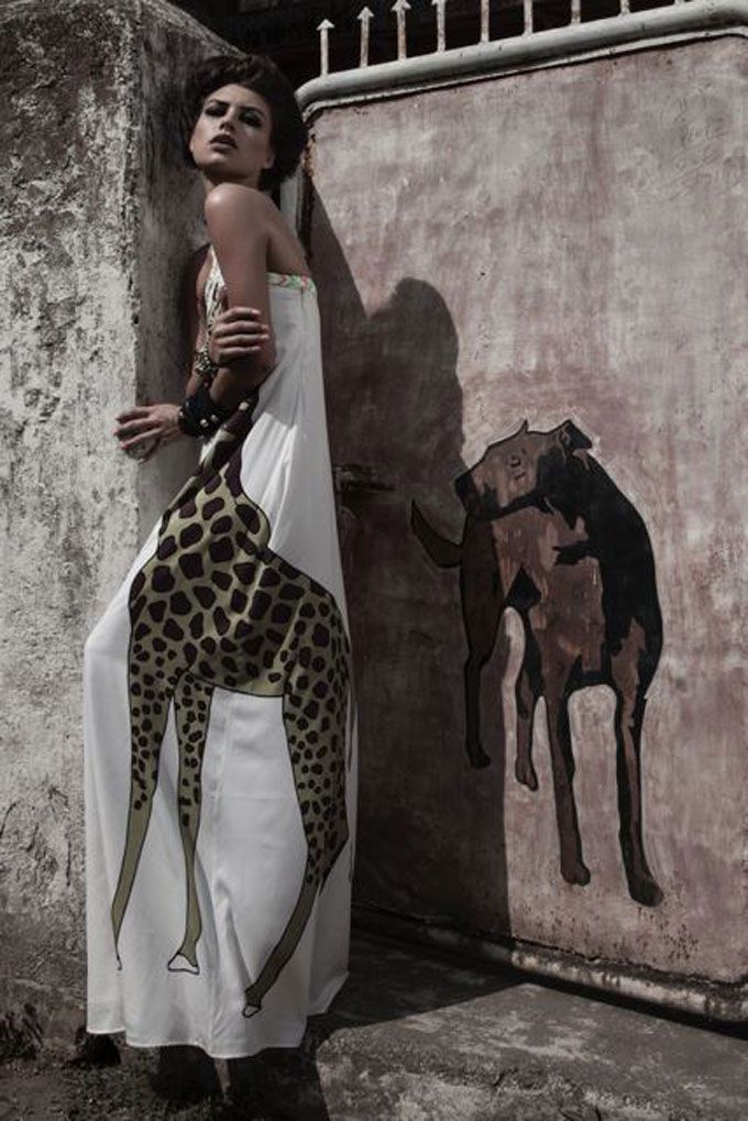 Dog graffiti meets the giraffe print on the dress. Shot by Shahid Datawala
