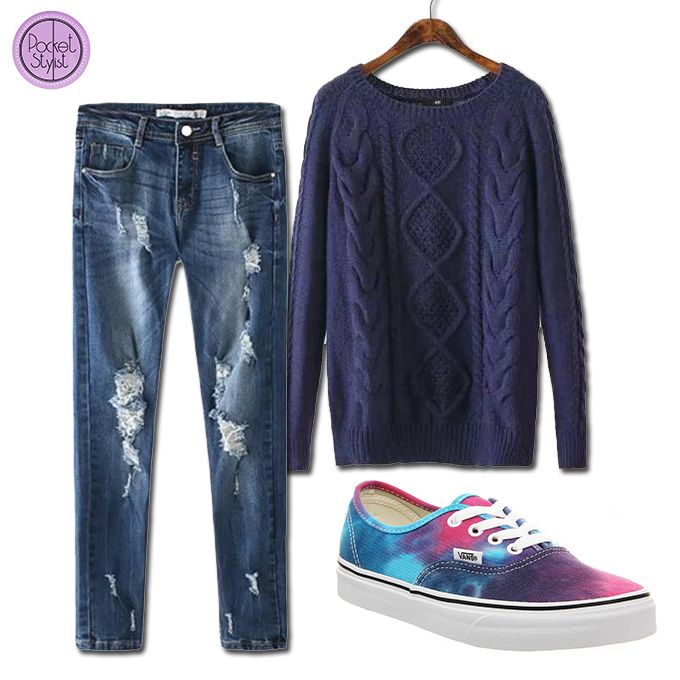 Pair your most comfy sweatshirt with Vans and distressed denims