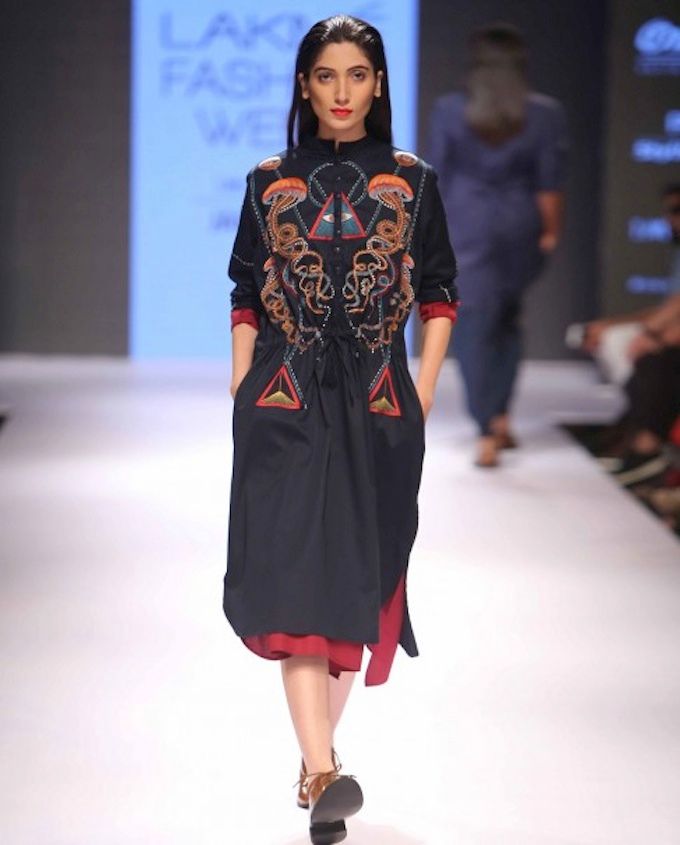 Armaan Aiman LFW AW15 Off The Runway on Exclusively.com (Midnight Blue Embroidered Dress)