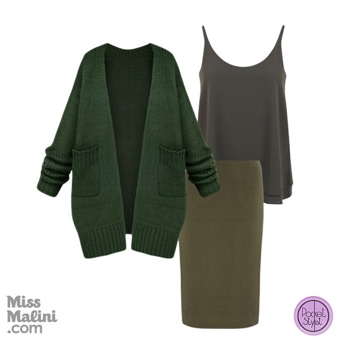 Go monotone in khaki and green with a chunky cardigan over your pencil skirt