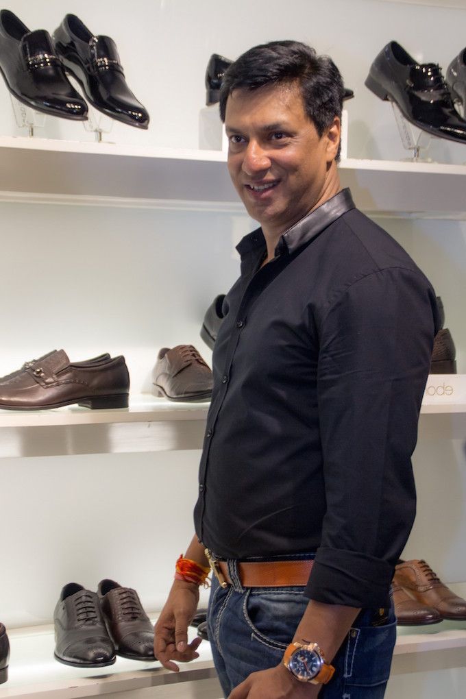 Madhur Bandharkar checks out some Tresmode shoes at the AW Launch
