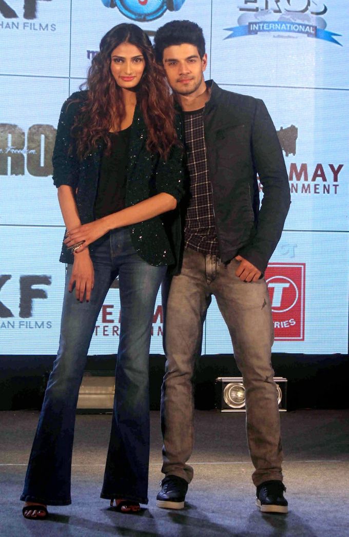 Sooraj Pancholi in GAS Jeans jacket, Spring Break t-shirt from Koovs, Nautica belt, United Colors of Benetton jeans and Zara shoes during Hero promotions