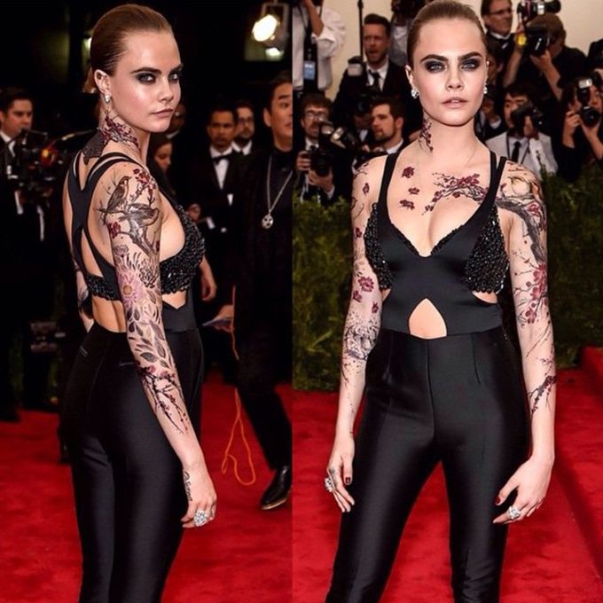 Cara's attempt at working body paint on the red carpet. Source: @caradelevingne on Instagram