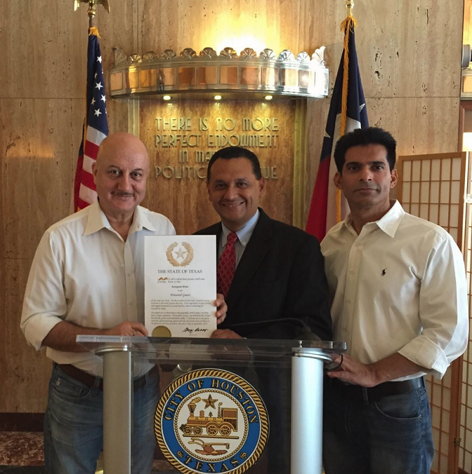 Mr. Kher has been presented with the "Honored Guest" award by Deputy Mayor of Houston Ed Gonzalez on behalf of Texas Governor Greg Abbot. Source: Mr. Kher's Facebook