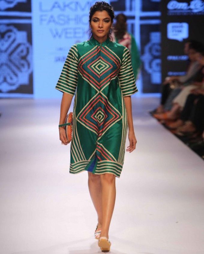 Swati VijaivargieLeaf Green Dress with Geometric Applique