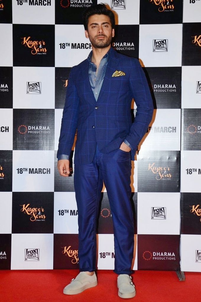 Fawad Khan in Corneliani suit and Ermenegildo Zegna sneakers at Kapoor & Sons trailer launch