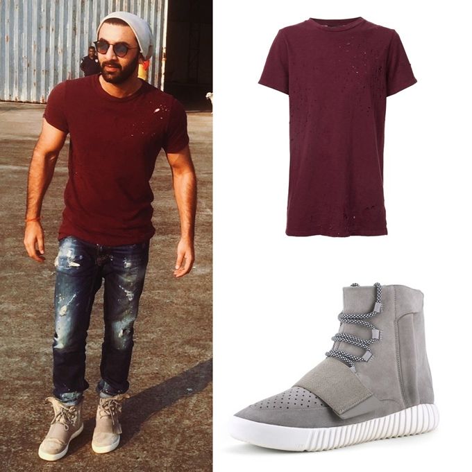 Ranbir Kapoor in Amiri Shotgun Tee in Merlot, Dsquared2 jeans and adidas Yeezy Boost 750 in grey
