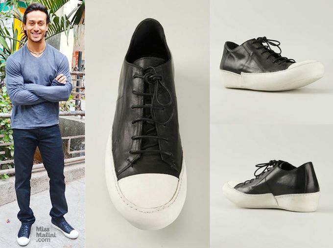 Tiger Shroff in Lost & Found Ria Dunn black and white lace-up sneakers during Baaghi promotions (Photo courtesy | Viral Bhayani/Farfetch)