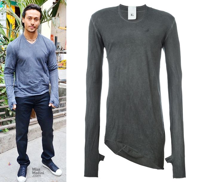 Tiger Shroff in Lost & Found Rooms grey asymmetric t-shirt with gloved cuffs during Baaghi promotions (Photo courtesy | Viral Bhayani/Farfetch)