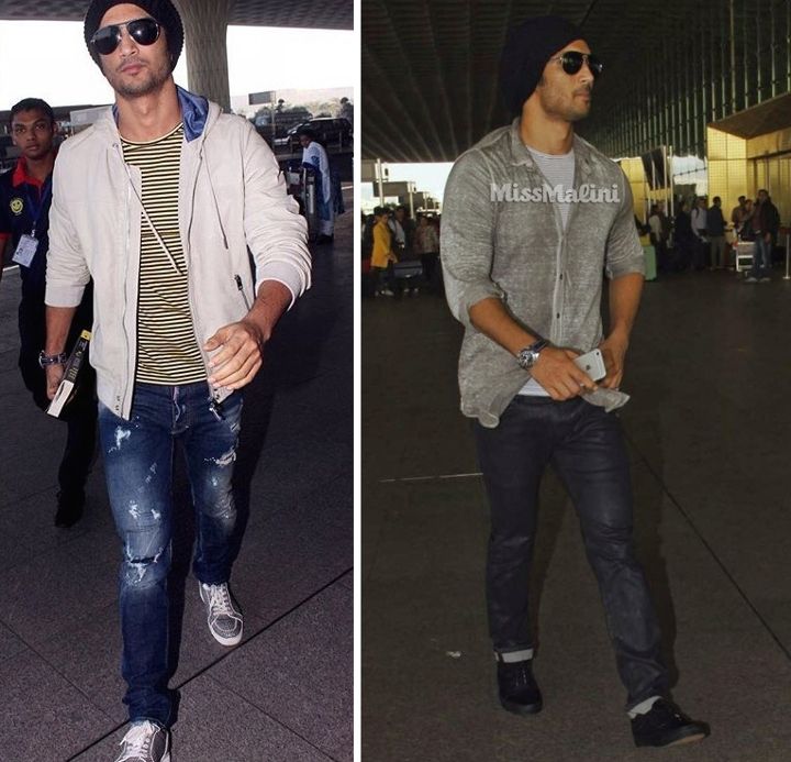 Sushant Singh Rajput in: (left) Diesel, Les Hommes, Dsquared2 and Christian Louboutin; (right) Avant Toi, Diesel and Vans at the Mumbai Airport (Photo courtesy | Vainglorious/Viral Bhayani)