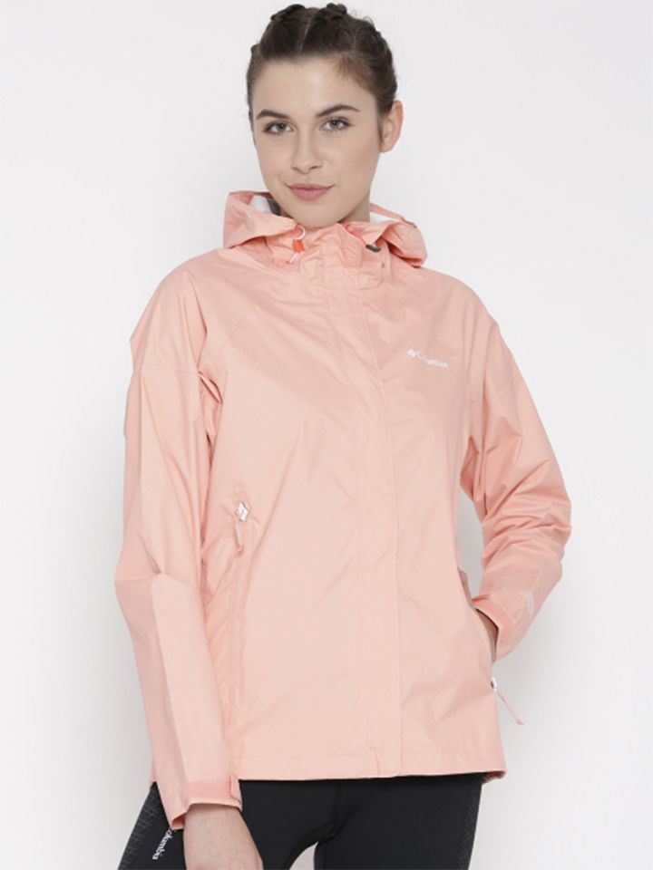 Columbia Peach-Coloured Sleeker Hooded Outdoor Rain Jacket | Image source: Myntra.com