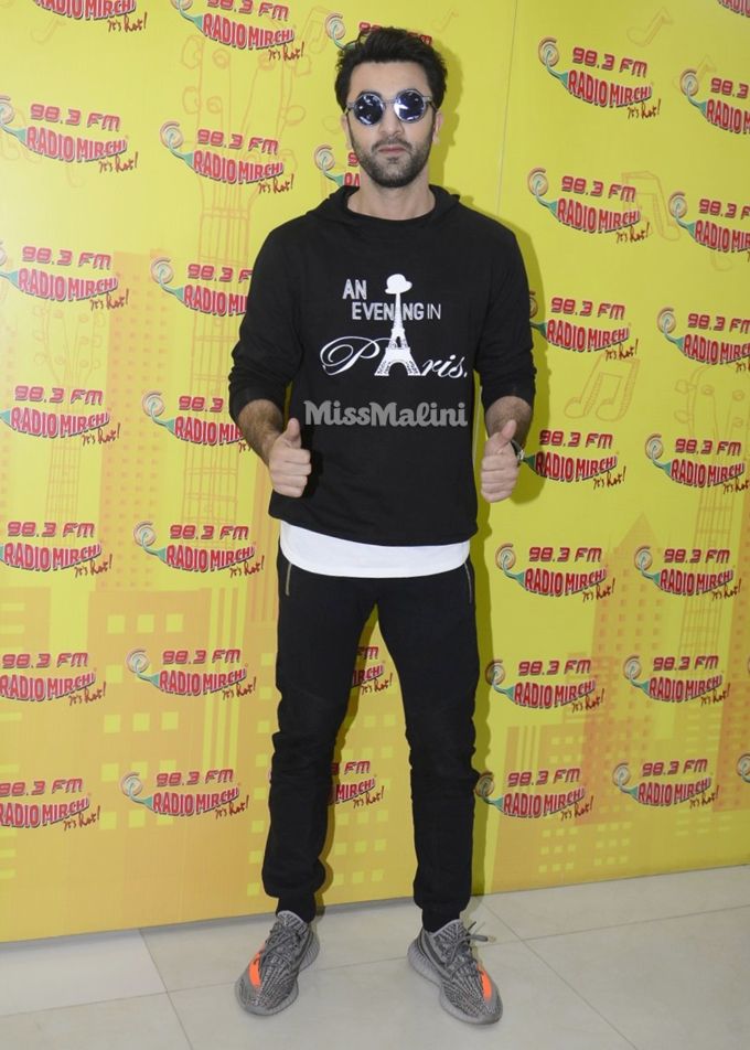 Ranbir Kapoor in adidas Originals Yeezy Boost V2 Stealth Grey sneakers, customised hoodie from Studio Gumani and Balmain biker sweatpants for Ae Dil Hai Mushkil promotions at Radio Mirchi (Photo courtesy | Viral Bhayani)