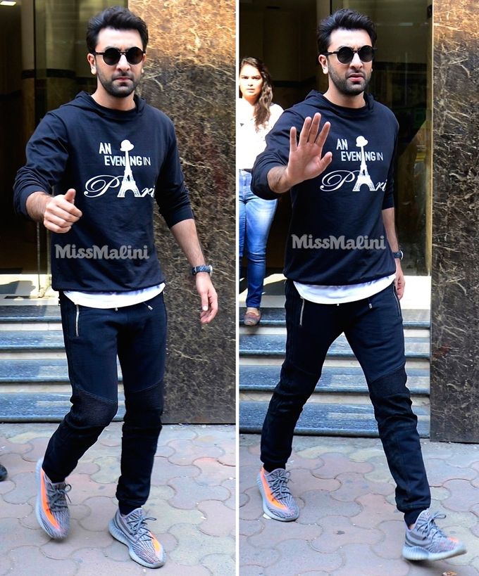 Ranbir Kapoor in adidas Originals Yeezy Boost V2 Stealth Grey sneakers, customised Gumani hoodie and Balmain biker sweatpants for Ae Dil Hai Mushkil promotions at Radio Mirchi (Photo courtesy | Viral Bhayani)