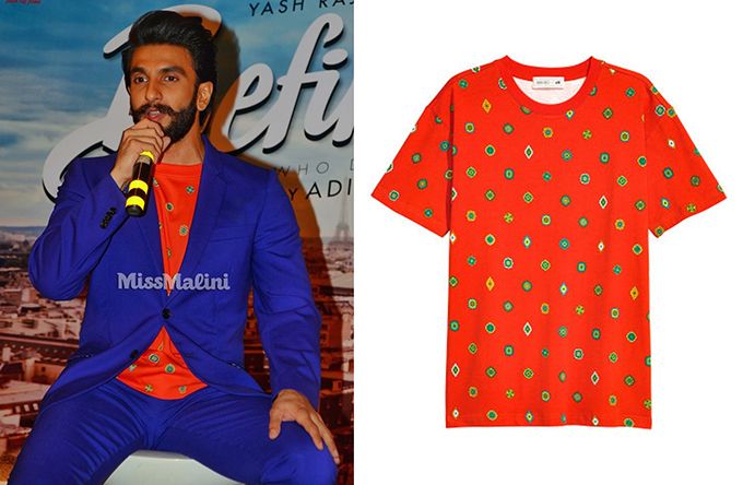 Ranveer Singh in Kenzo x H&M patterned orange-red T-shirt at the launch of You & Song from Befikre (Photo courtesy | Viral Bhayani/H&M)
