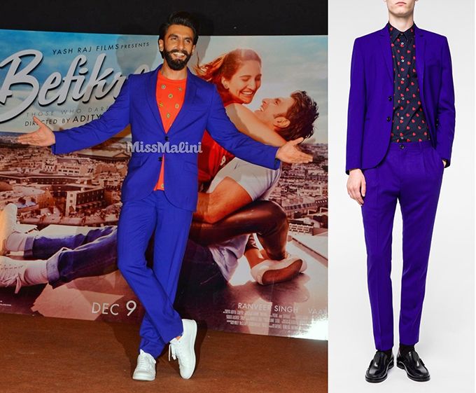 Ranveer Singh in Paul Smith Slim-Fit Indigo Wool-Hopsack Suit at the launch of You & Me song of Befikre (Photo courtesy | Viral Bhayani/Paul Smith)
