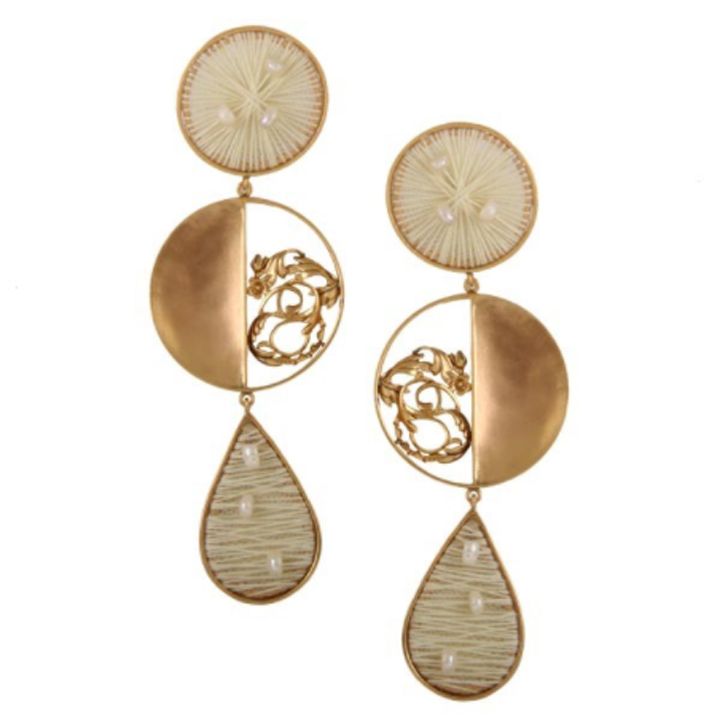 Gold Double Circle Drop Earrings With Thread & Pearls | Image source: Suhani Pittie