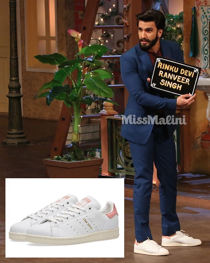 Ranveer Singh in adidas Originals Stan Smith low-top sneakers in white and ray pink for Befikre promotions on The Kapil Sharma Show (Photo courtesy | Viral Bhayani/adidas)