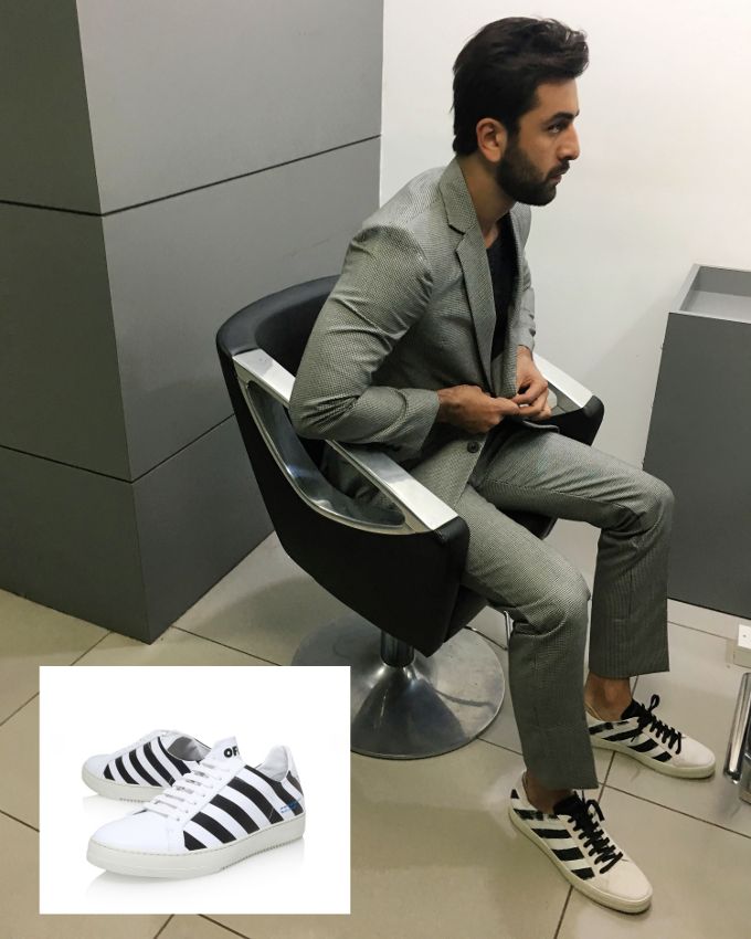 Ranbir Kapoor in Turnbull & Asser, Avant Toi and OFF-WHITE c/o VIRGIL ABLOH™ black and white ‘Diagonals’ lo-tops for Ae Dil Hai Mushkil promotions on the sets of Join The Game (Photo courtesy | Vainglorious)