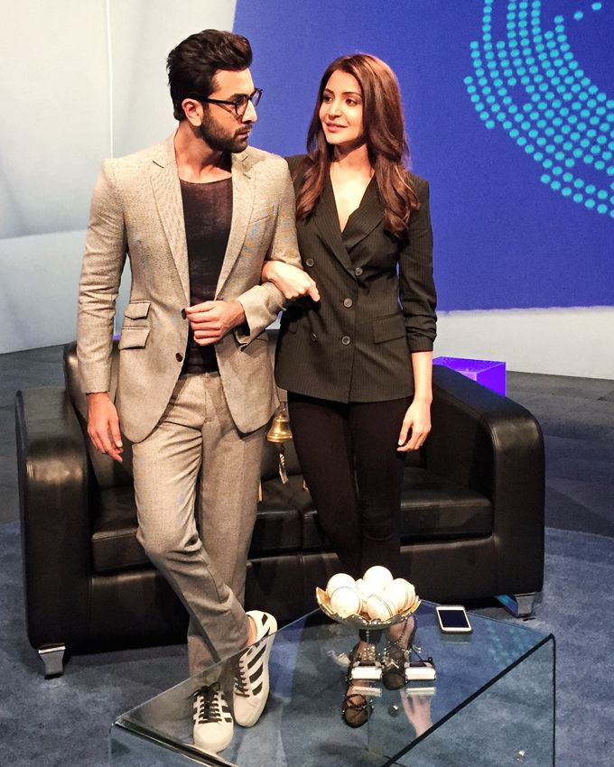 Ranbir Kapoor in Turnbull & Asser, Avant Toi and OFF-WHITE c/o VIRGIL ABLOH™ and Anushka Sharma for Ae Dil Hai Mushkil promotions on the sets of Join The Game (Photo courtesy | Vainglorious)