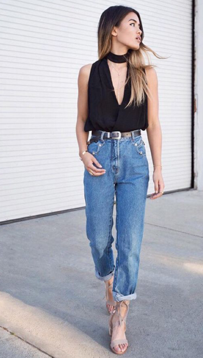 Step out in style, in a cute black low necck top and heels. Accessorise with a choker and belt (optional). Pic: bloglovin.com