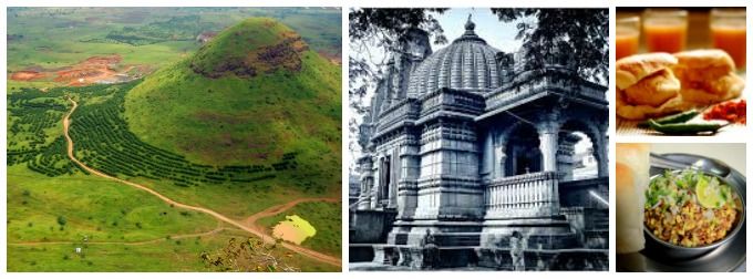 (L-R) Ramshej Fort, Kalaram Temple, Vada Pav & Misal Pav | Image Source: panoramio.com, holidify.com & justnashik.com