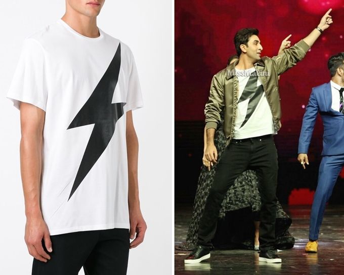 Ranbir Kapoor in Neil Barrett white ‘Lightning Bolt’ T-shirt during Ae Dil Hail Mushkil promotions on the sets of Dance+ season 2 grand finale (Photo courtesy | Viral Bhayani)