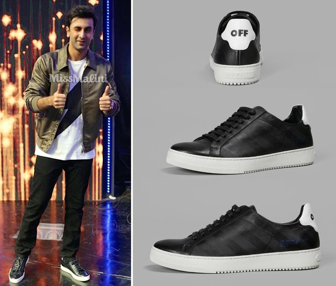 Ranbir Kapoor in OFF-WHITE c/o VIRGIL ABLOH™ black ‘Diagonals’ lo-top sneakers during Ae Dil Hail Mushkil promotions on the sets of Dance+ season 2 grand finale (Photo courtesy | Viral Bhayani)