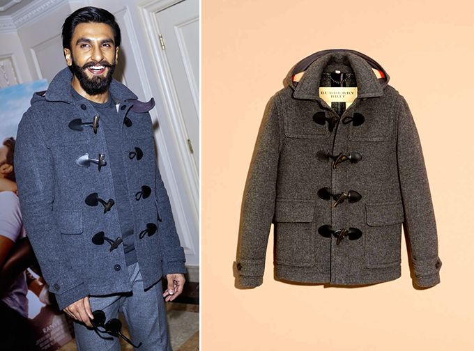Ranveer Singh in Burberry wool duffle coat with detachable hood and horn toggle closure in mid-grey melange for Befikre promotions in London (Photo courtesy | Zimbio/Burberry)