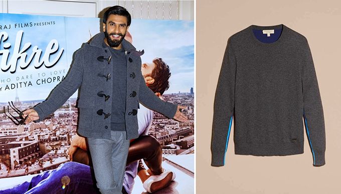 Ranveer Singh in Burberry colour block cashmere cotton sweater in dark grey melange for Befikre promotions in London (Photo courtesy | Zimbio/Burberry)