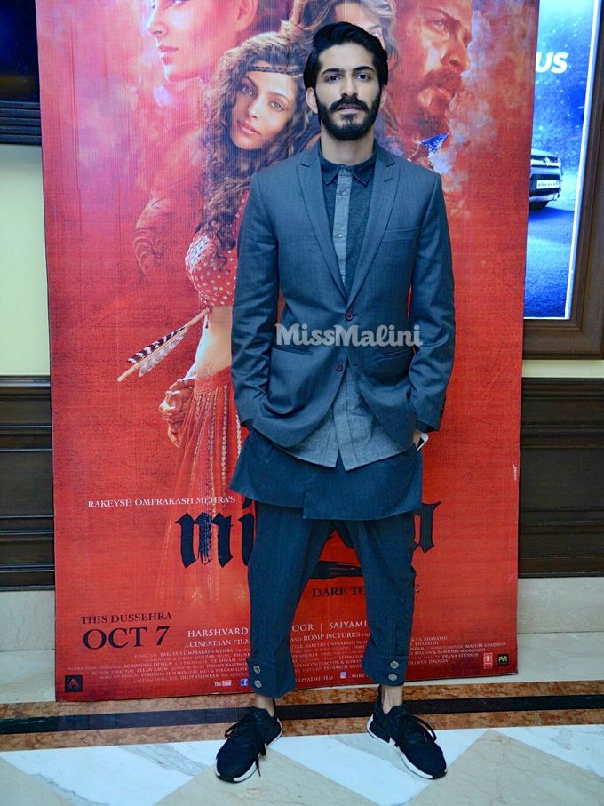 Harshvardhan Kapoor in Raghavendra Rathore, Vaibhav Singh and adidas NMD R1 Primeknit ‘Reflective Pack’ Core Black sneakers during the Mirzya second trailer launch in Delhi (Photo courtesy | Viral Bhayani)